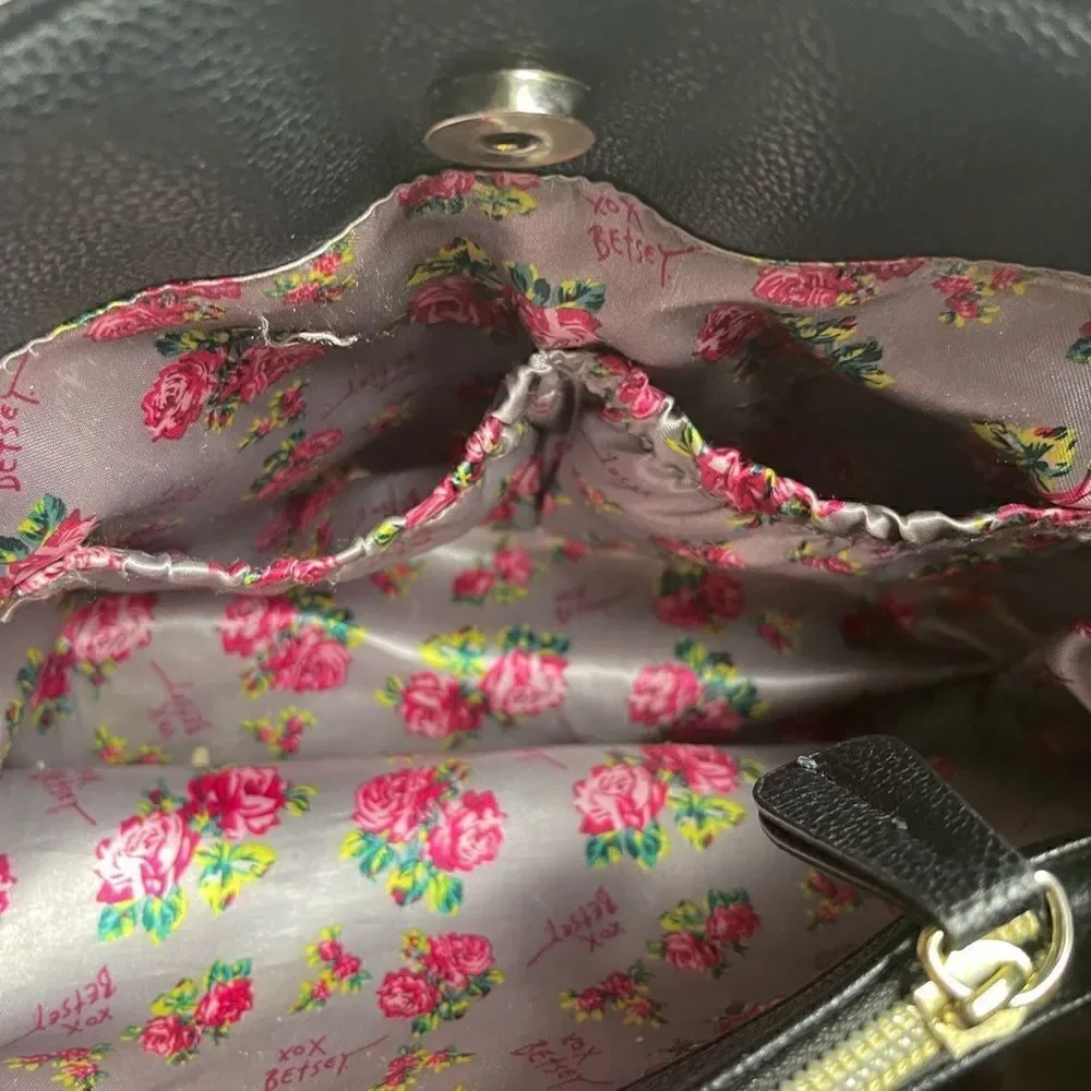 Betsey Johnson off white & Black quilted faux leather satchel with bow accent